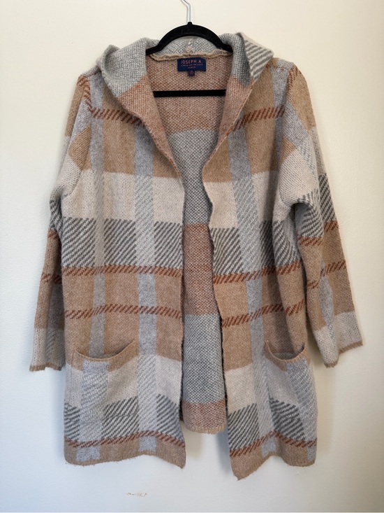 Joseph A Sweaters - Joseph A Hooded Plaid Open-Front Cardigan Coatigan Grey Beige 1X